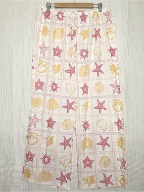 Womens 1XL Pants-Trousers Baggy Wide Leg Boho Coastal Beach White Seashells